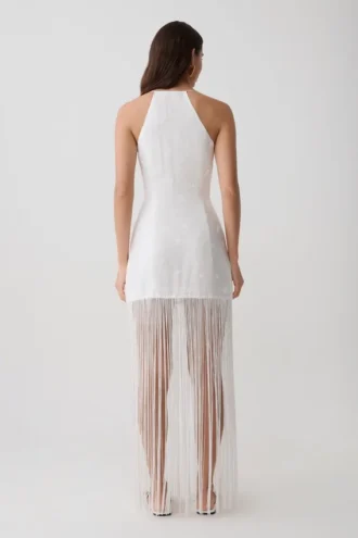Abigail Vestito lungo con scollo a V e frange – Bianco