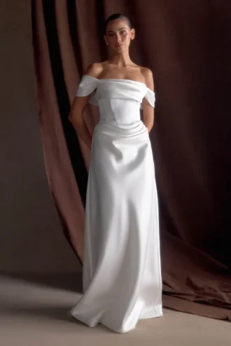 Abito Luna in raso con spalle scoperte – Bianco