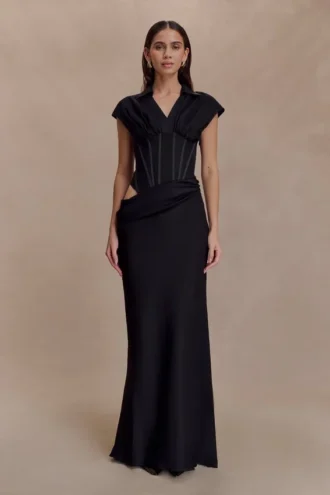 Abito lungo a camicia con corsetto Saphira – Nero