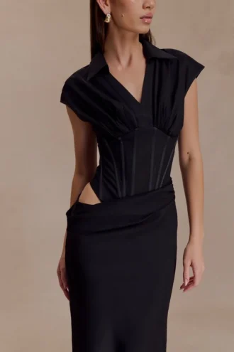 Abito lungo a camicia con corsetto Saphira – Nero