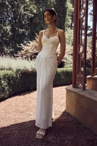 Abito lungo a corsetto in raso Leila – Avorio