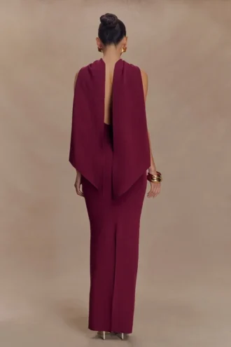 Abito lungo a sciarpa in maglia Darby – Merlot