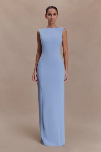Abito lungo drappeggiato in crêpe Galilea – Blu fiordaliso Abito lungo drappeggiato in crêpe Galilea – Blu fiordaliso