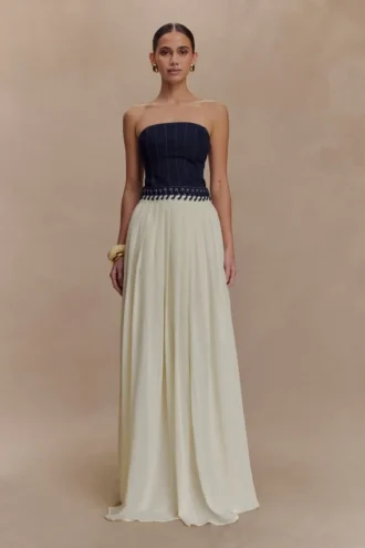 Abito lungo in Denim e chiffon Suella – Blu indaco