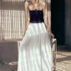 Abito lungo in Denim e chiffon Suella – Blu indaco Abito lungo in Denim e chiffon Suella – Blu indaco