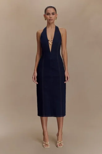Abito midi con scollo all’americana in Denim Shauna – Blu indaco