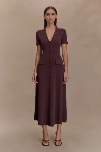 Abito midi in maglia a maniche corte Pearson – Cioccolato