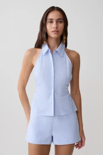 Camicia senza maniche con scollo all’americana Allison – Gessato blu