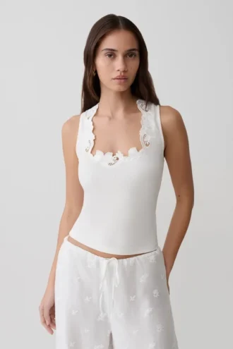 Canotta a costine con ricamo Vianna – Avorio