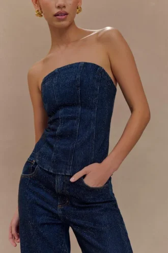 Corsetto in Denim con strass senza spalline Monte – Blu notte