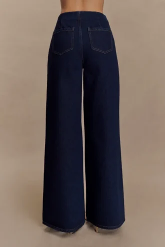 Jeans a zampa larga in Denim con cintura in finta pelle scamosciata Miranda – Blu indaco