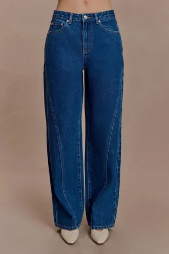 Jeans in Denim a vita media con pannelli in georgette – Blu scuro