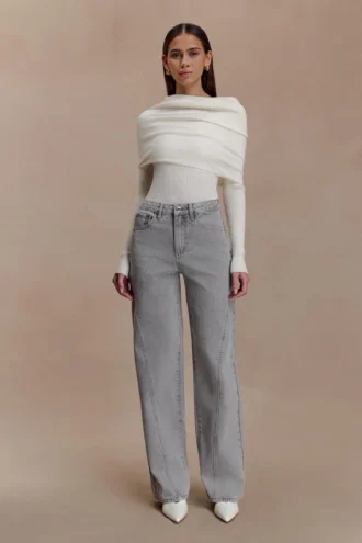 Jeans in Denim a vita media con pannelli in georgette – Grigio