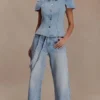 Jeans Perrie a vita media e gamba dritta con cintura – Blu chiaro slavato