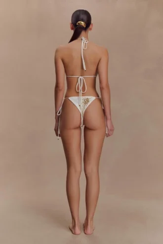 Slip bikini all’uncinetto Huntleigh – Stampa Sunshine bianca e dorata