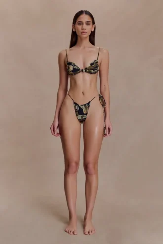 Slip bikini con lacci e arricciature laterali Andie – Verde con stampa Fluid Reverie