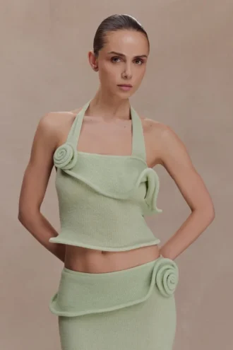 Top a giro collo in maglia intrecciata Samira – Verde pastello