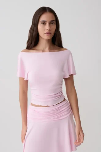 Top a maniche corte con volant in modal Talise – Rosa balletto