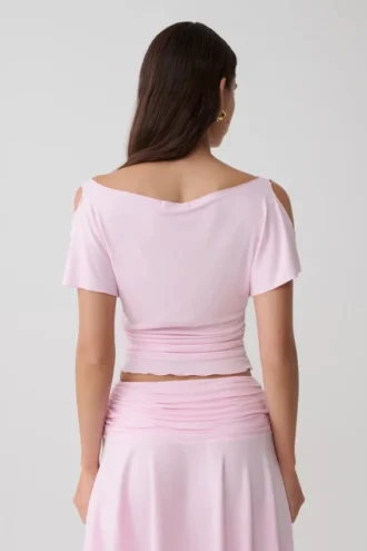 Top a maniche corte con volant in modal Talise – Rosa balletto