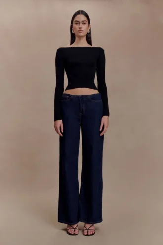 Top a maniche lunghe a coste in lana merino Paedyn – Nero