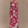 Top con scollo a cappuccio in chiffon Katalina – Stampa Deco Fleur rossa