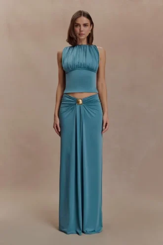 Gonna lunga arricciata Erina con dettagli metallici – Verde acqua Gonna lunga arricciata Erina con dettagli metallici – Verde acqua