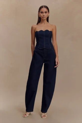 Top in Denim con bordi smerlati senza spalline Oakley – Blu indaco
