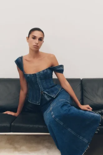 Top in Denim con maniche ad aletta Loretta – Blu scuro slavato