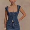 Top in Denim con maniche ad aletta Loretta – Blu scuro slavato Top in Denim con maniche ad aletta Loretta – Blu scuro slavato