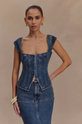 Top in Denim con maniche ad aletta Loretta – Blu scuro slavato
