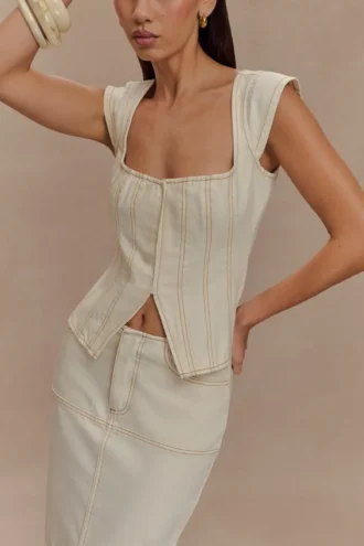 Top in Denim con maniche ad aletta Loretta – Ecru