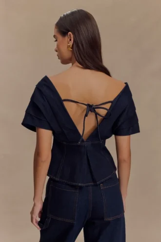 Top in Denim con spalle scoperte Rayne – Blu indaco