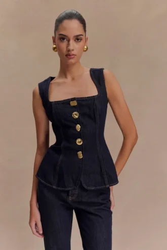 Top in Denim senza maniche con bottoni Neve – Blu indaco slavato