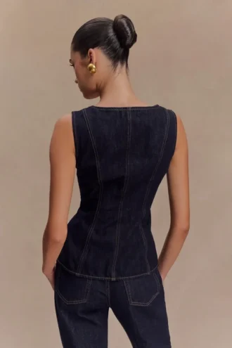 Top in Denim senza maniche con bottoni Neve – Blu indaco slavato