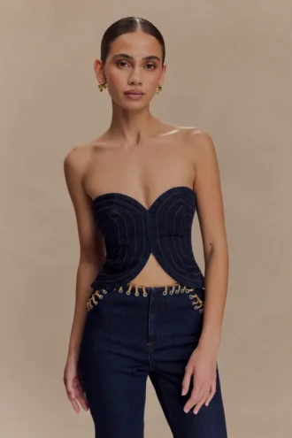 Top in Denim senza spalline con cuciture a vista Tully – Blu indaco