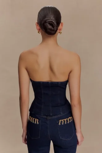 Top in Denim senza spalline con cuciture a vista Tully – Blu indaco