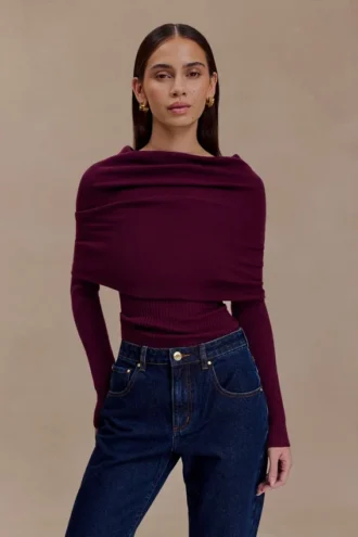 Top in maglia a maniche lunghe asimmetrico Mazie in misto cashmere – Prugna