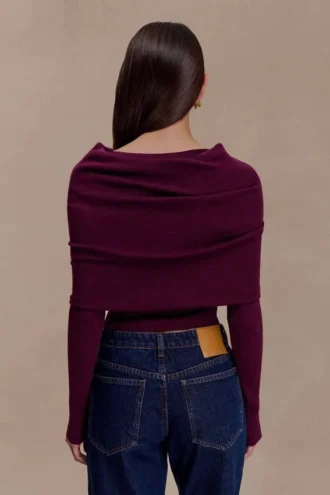 Top in maglia a maniche lunghe asimmetrico Mazie in misto cashmere – Prugna