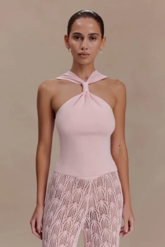 Top in maglia con davanti arricciato Angelika – Rosa confetto
