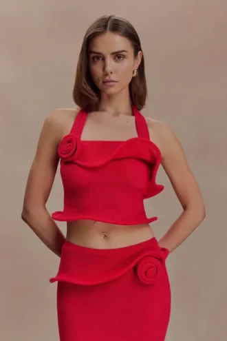 Top in maglia con scollo all’americana e intrecci Samira – Rosso