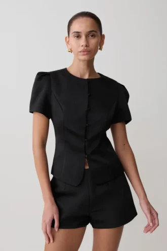 Top in raso a maniche corte Anne – Nero