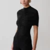 Top Linh Slinky con collo alto e arricciature – Nero