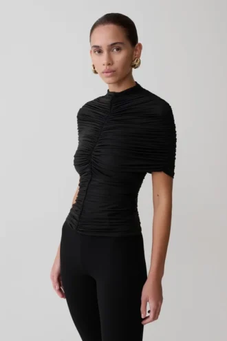 Top Linh Slinky con collo alto e arricciature – Nero