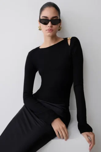 Top lungo a maniche lunghe in maglia Ricky – Nero
