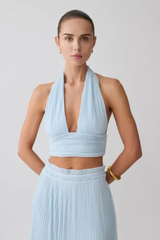 Top senza maniche con scollo all’americana plissettato Amaris – Azzurro