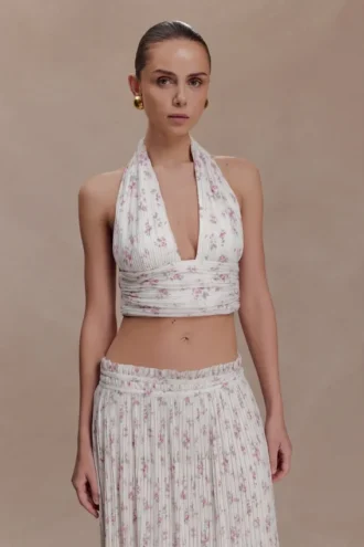 Top senza maniche con scollo all’americana plissettato Amaris – Stampa floreale a piccoli motivi