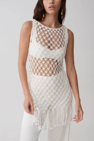 Vestito Devlin con nappine in macramè – Avorio