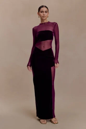 vestito lungo davina in velluto e rete viola 1 330x495 - Vestito lungo Davina in velluto e rete - Viola