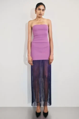 Vestito lungo in maglia a fascia con frange Koah – Viola Vestito lungo in maglia a fascia con frange Koah – Viola