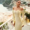 Vestito lungo in maglia con spalle scoperte Sandrine – Giallo limone